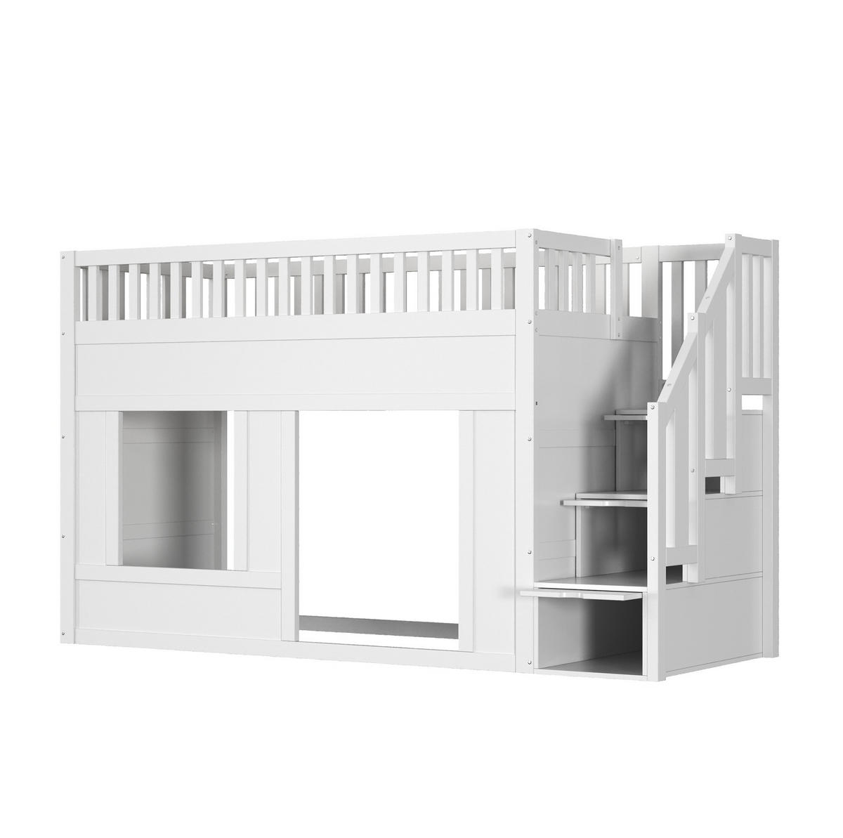 ETAGENBETT 90/200 cm weiß aus Massivholz und MDF mit Treppenschrank - Weiß, Holzwerkstoff (90/200cm) - OKWISH