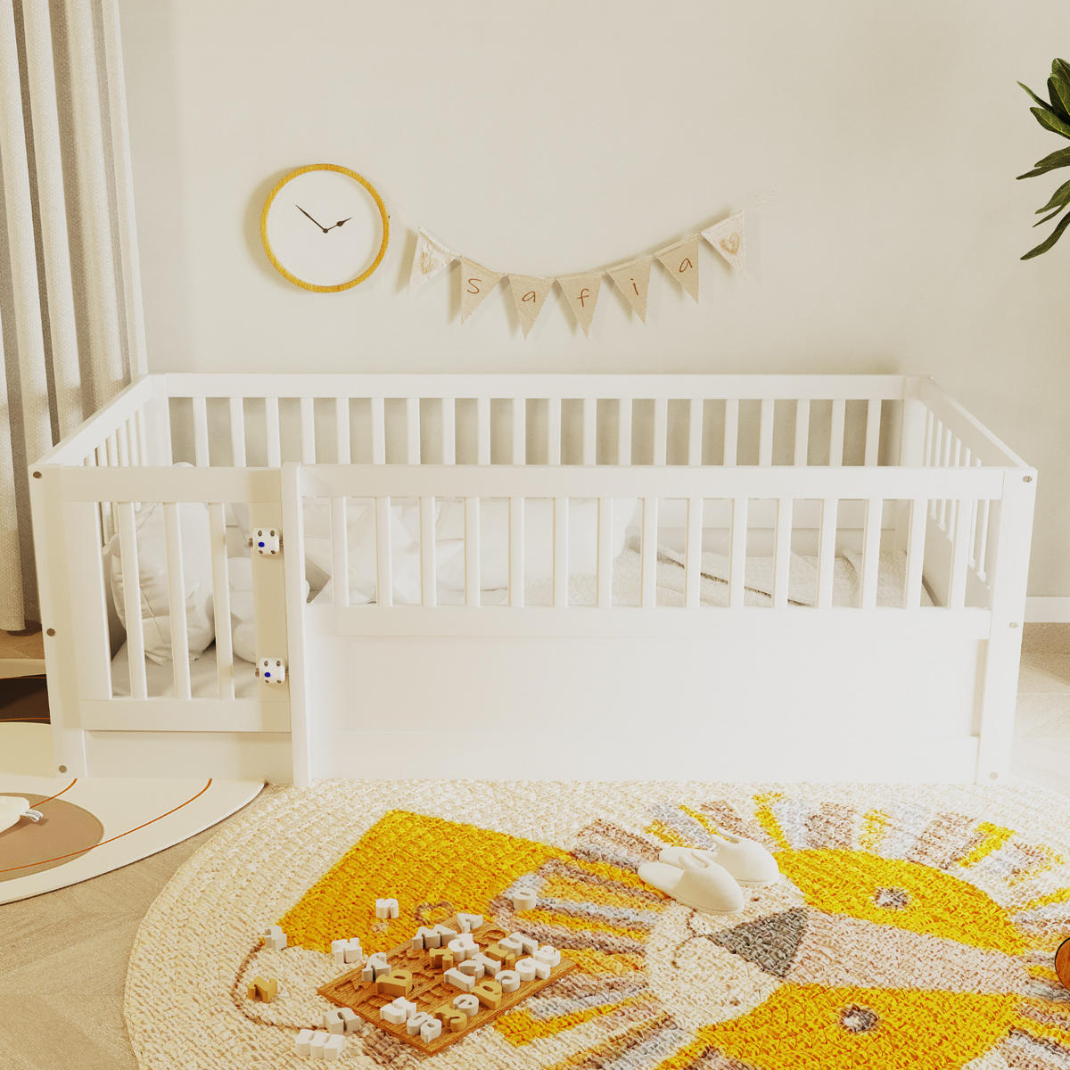 KINDEREINZELBETTEN aus Massivholz 90 x 200 cm in Weiß mit Zaun und Tür - Weiß, Holz (90/200cm) - Modfu