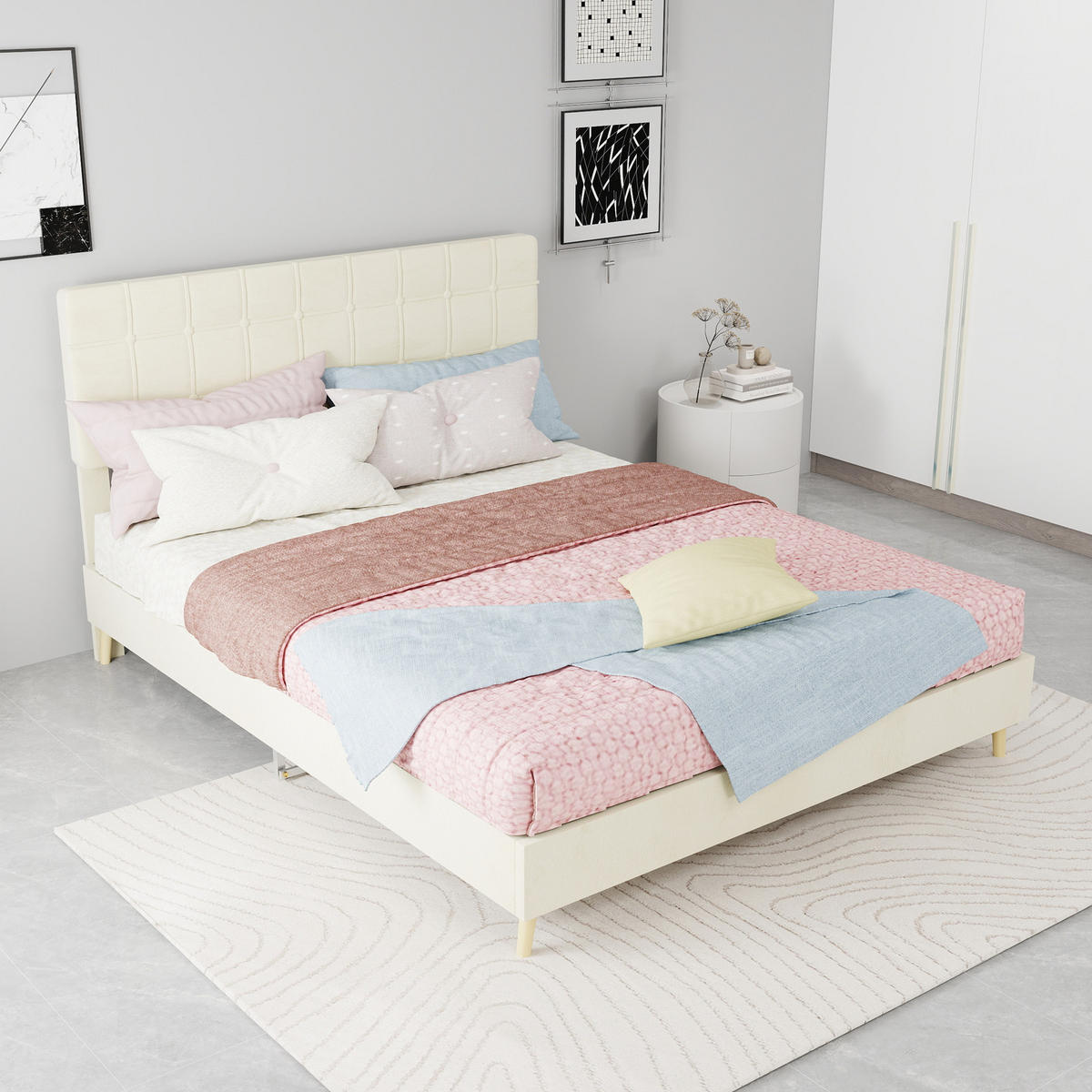 POLSTERBETT 140/200 cm DE-32955 mit Karosteppung-Kopfteil und Matratze Beige - Beige, Metall (140/200cm) - ComfortXL