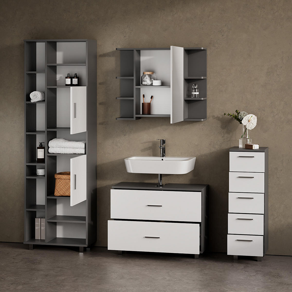 BADMÖBEL-SET Eisak Weiß/Anthrazit 4 Teile, mit Hochschrank - Anthrazit/Weiß, Holzwerkstoff (80/60/33cm) - Livinity®