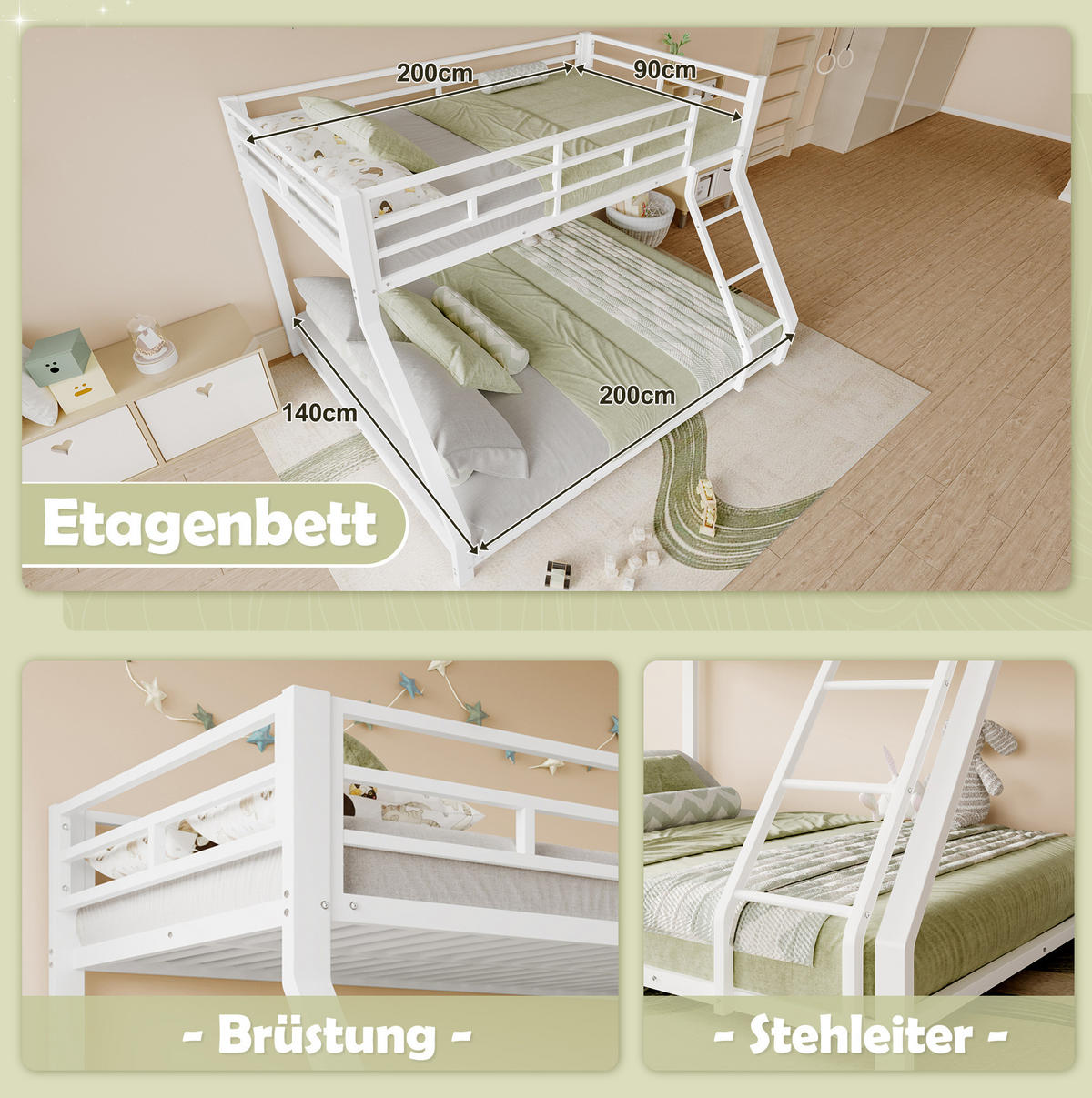 ETAGENBETT aus Metall 90x200/140x200 cm Weiß mit Treppe, Geländer und EN747-Zertifizierung - Weiß, Metall (90/200cm) - Modfu