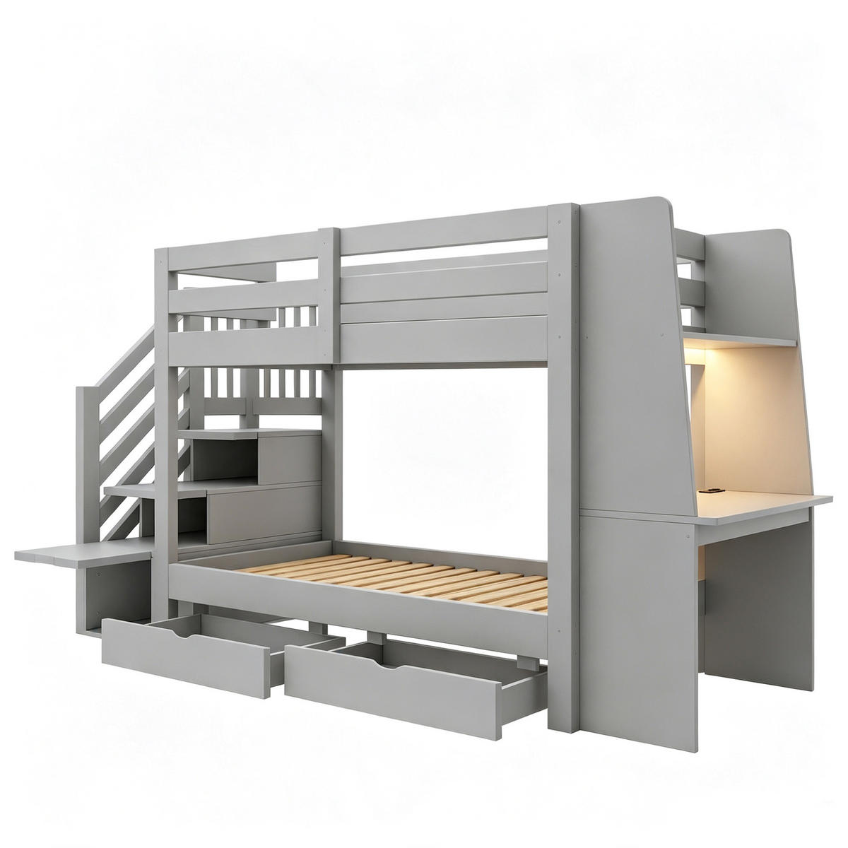 ETAGENBETT aus Holz 90x200 cm Grau mit Stauraumtreppe, Schreibtisch, LED und Steckdose - Grau, Holz (90/200cm) - Modfu