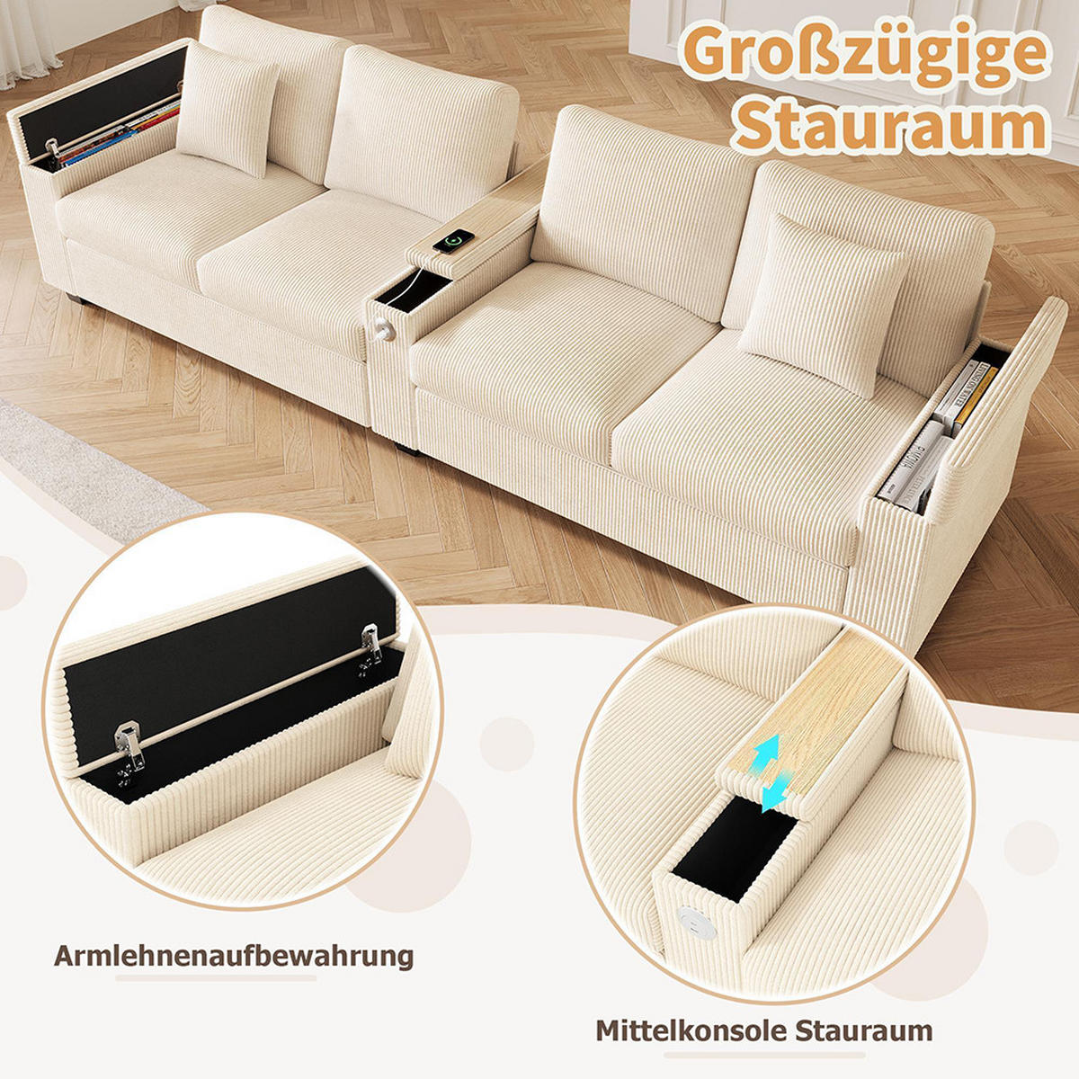 4-SITZER-SOFA mit Ladefunktion in Beige - Beige, Textil (80/82.7/299cm) - KOMHTOM