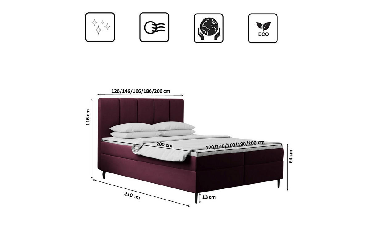 BOXBETT Mit Bettkasten Und Matratze POEL Rotwein 160x200 cm H2-Pocket - Violett, Holz/Textil (166/200cm) - Kaiser Möbel