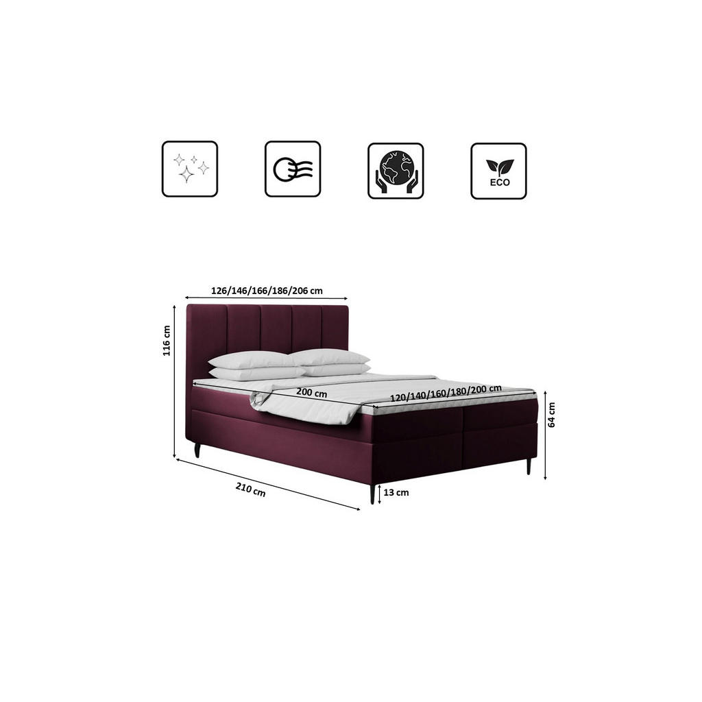 Thumbnail - Kaiser Möbel Boxbett, Violett, Textil, Balkeneiche, 2 Schubladen, H3, Höhe ca. 20 cm, einzeln stellbar, 120x200 cm, Reac...