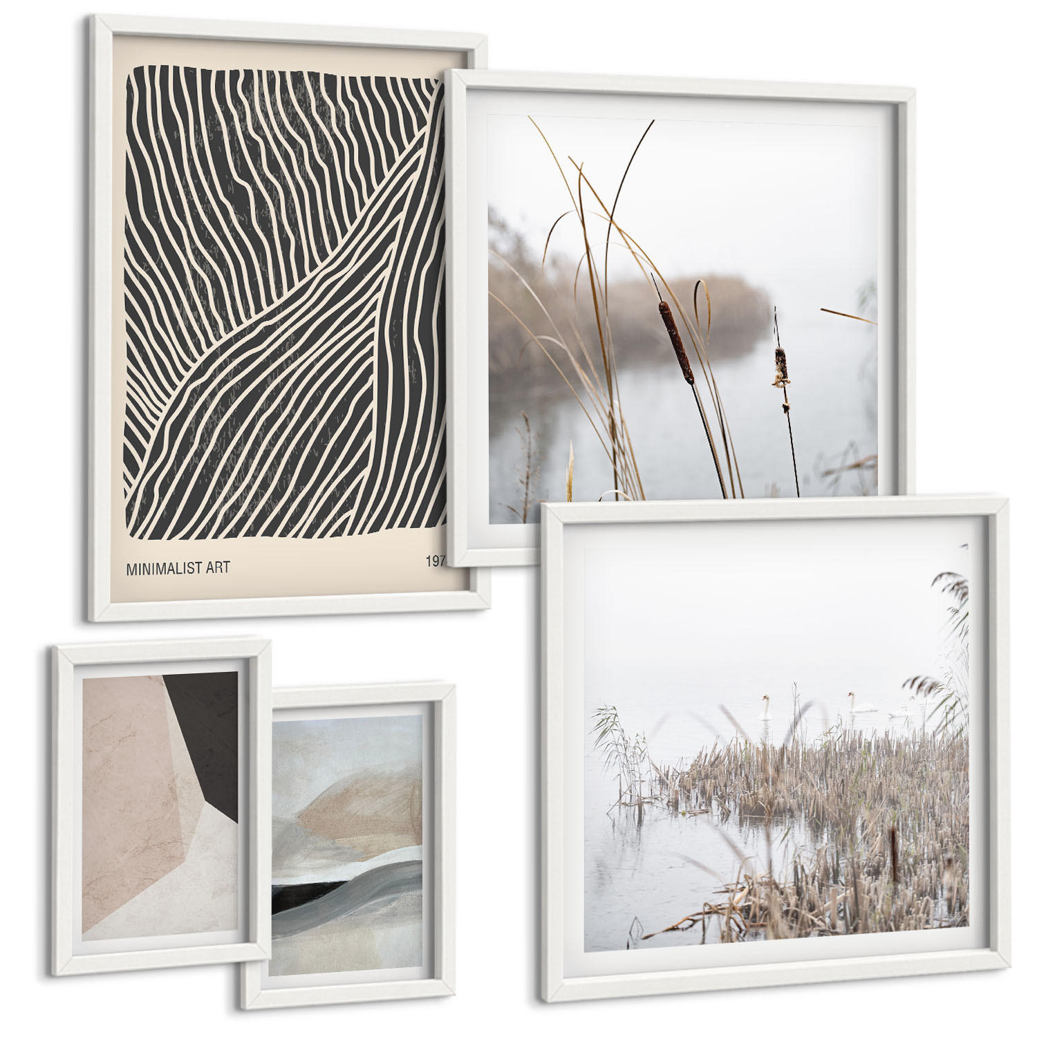 BILDER SET 5er Set - 50x50 cm & 20x30 cm & 40x60 cm Weißer Rahmen - Abstrakte Boho-Dekorationsmuster - Weiß, Kunststoff (40/60cm) - TULUP