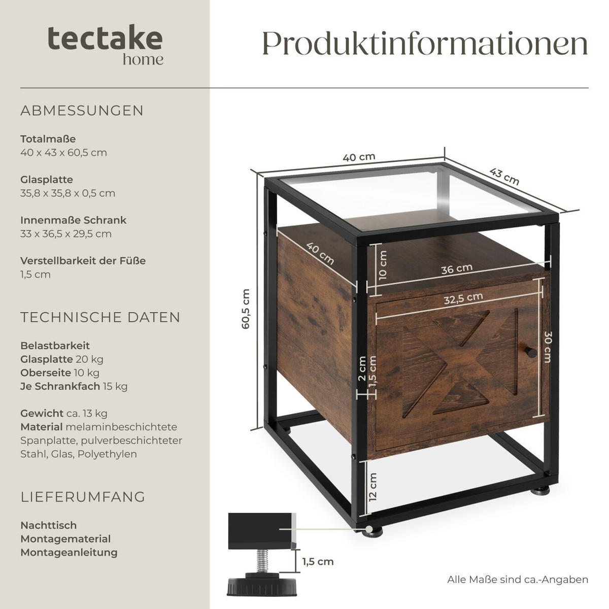 NACHTSCHRANK Kidderminster,40 x 43 60,5 cm,Industrial Holz dunkel, rustikal - Rostfarben, Holzwerkstoff (43/60.5/40cm) - tectake