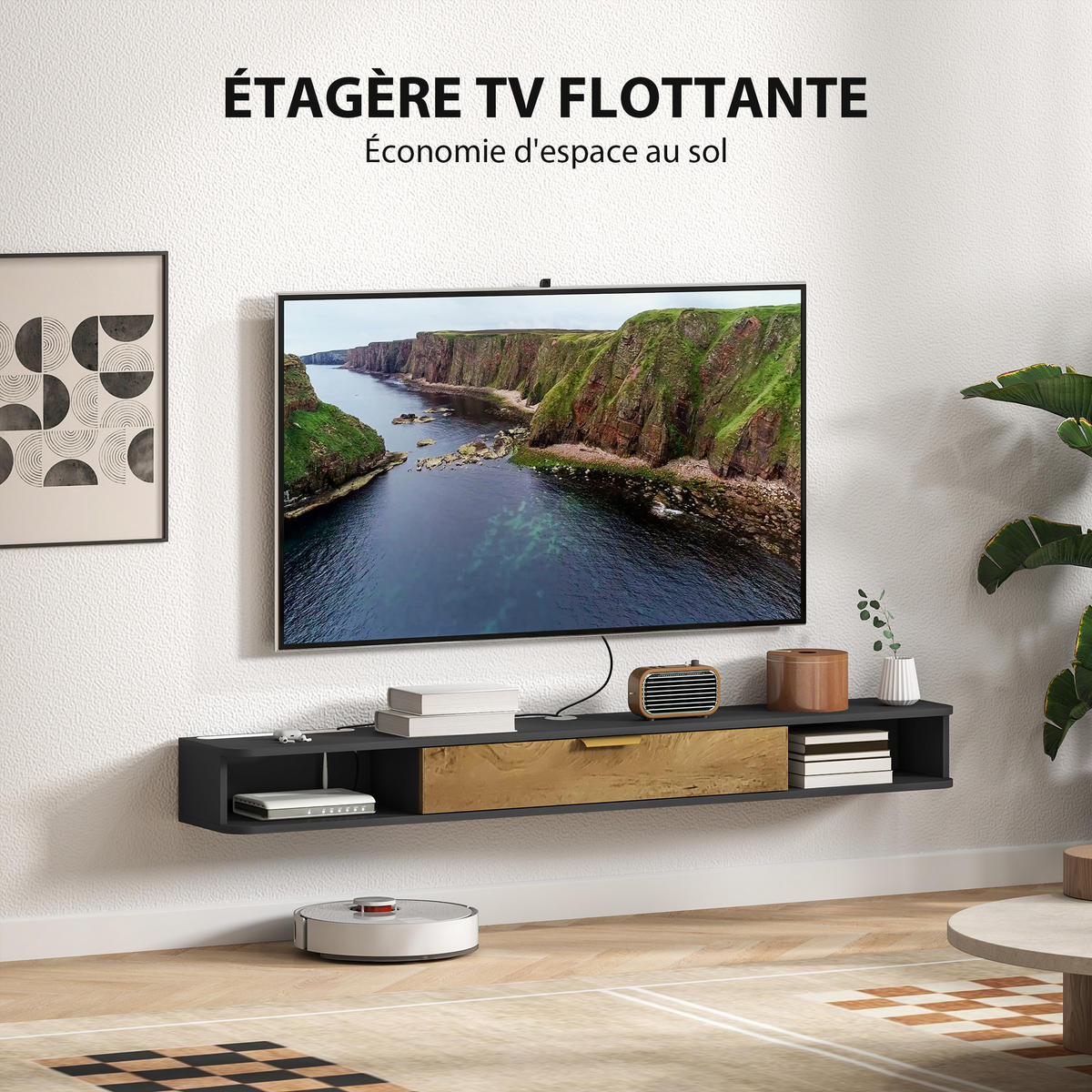 TV-LOWBOARD Grau 160/24/16 cm, Hängend, Klapptür, Offene Fächer - Grau, Holzwerkstoff (160/16/24cm) - PANGIVO