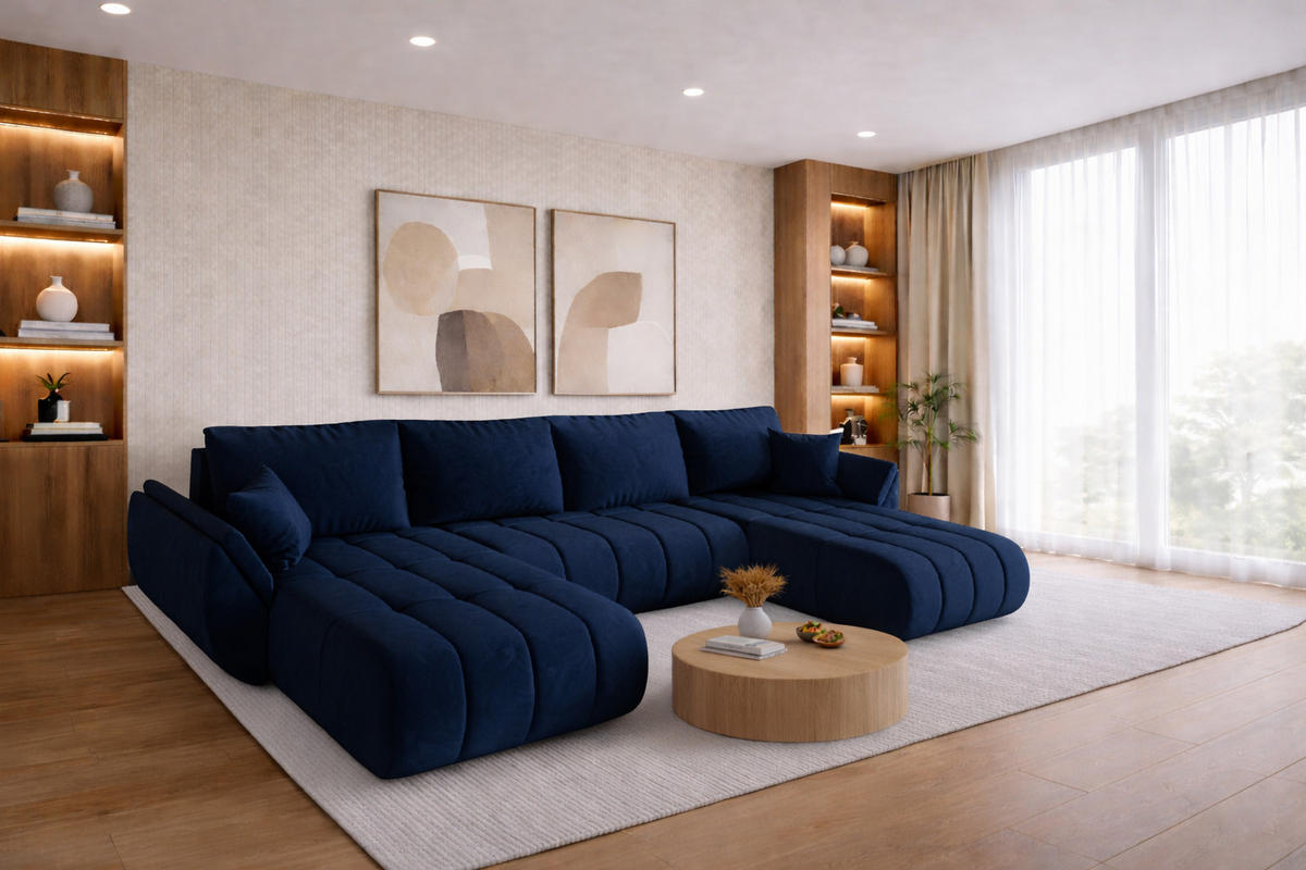 ECKSOFA mit schlaffunktion und bettkasten TOKYO U PREMIUM, stoff MONOLITH, Dunkelblau - Dunkelblau, Holz (384/190cm) - Kaiser Möbel