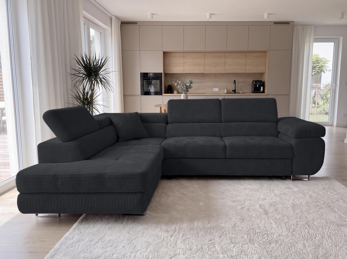 ECKSOFA L Form Konak Schwarz 276/201/90 cm Links mit Schlaffunktion - Silberfarben/Schwarz, Textil/Metall (203/276cm) - AX Living