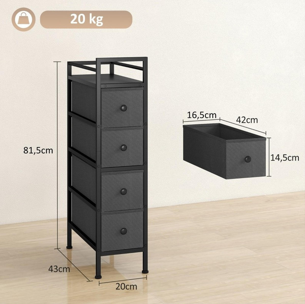 KOMMODE 20 cm Schwarz aus Holzwerkstoff mit 4 Schubladen - Schwarz, Holz (43/81.5/20cm) - OKMYHOME
