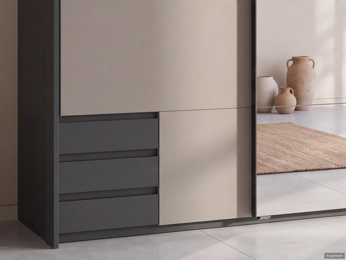 SCHWEBETÜRENSCHRANK 2-türig B183/H200/T65 cm, Passepartout-Kleiderschrank mit Spiegel & sichtbaren Schubkästen in Grafit, 1x Tür in Sandgrau / 22715 - Sandfarben/Schwarz, Holz/Holzwerkstoff (183/200/65cm) - luma-home