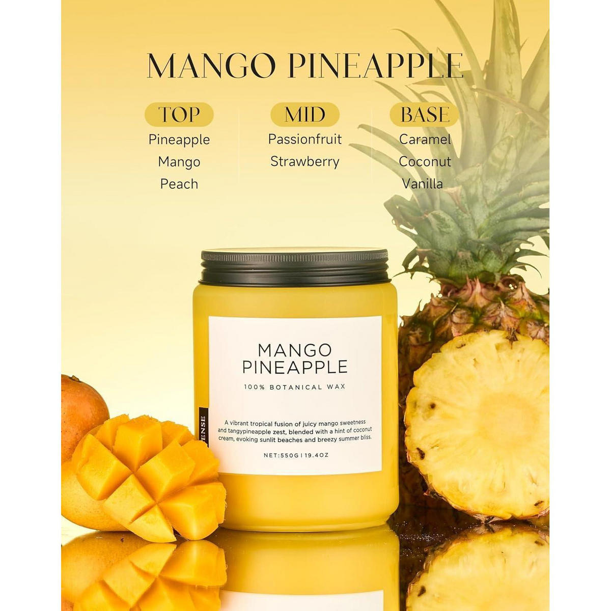DUFTKERZE Mango-Ananas 550g Sojawachs 110 Stunden Brenndauer 2 Dochte - Gelb, Paraffin (13cm)