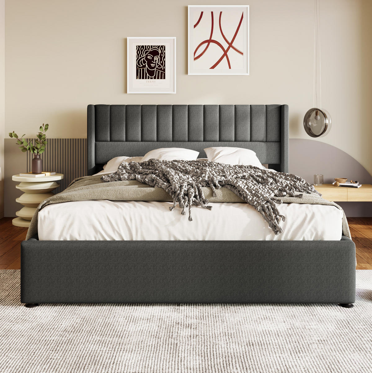 POLSTERBETT 160/200 cm mit Bettkasten, Lattenrost und gepolstertem Kopfteil - Grau, Textil (160/200cm) - BEAOK