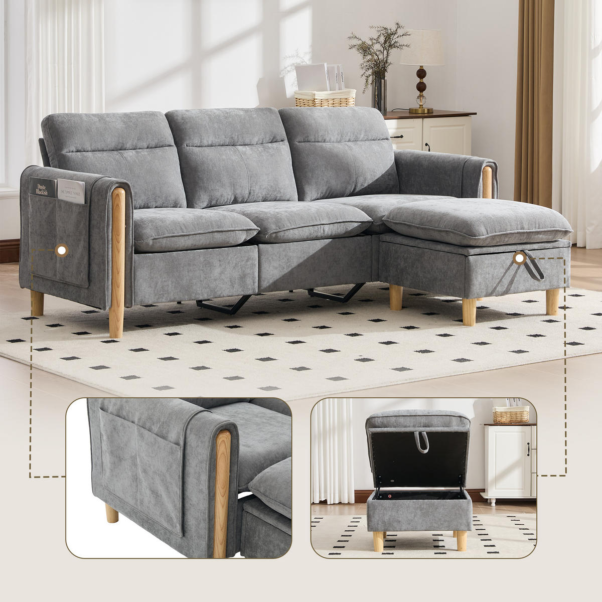 ECKSOFA DE-33940 mit Stauraumhocker und Seitentaschen Grau - Hellgrau, Holz (77/201cm) - ComfortXL