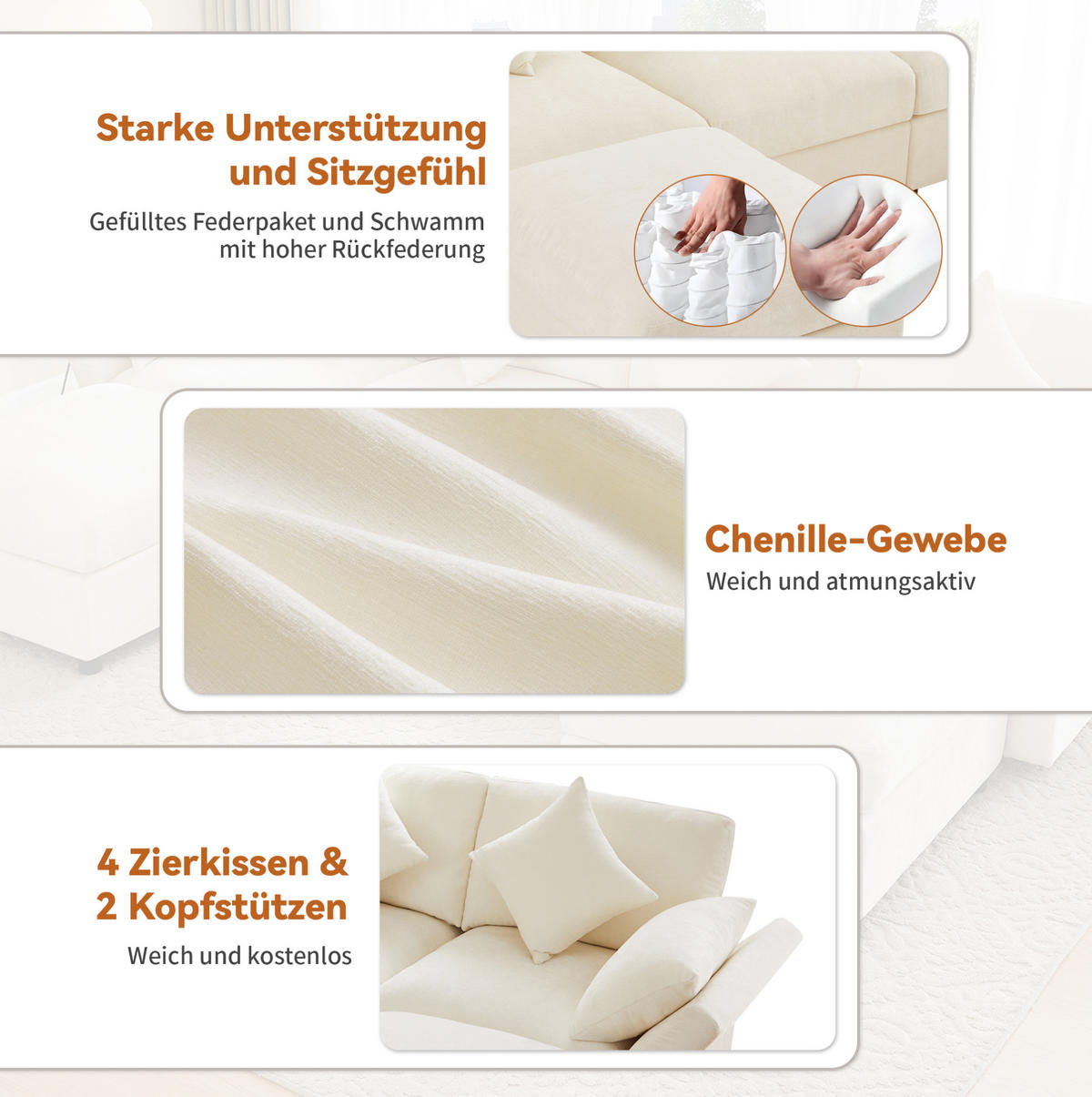 MODULARES Ecksofa 284/156,5/86 cm aus Chenille mit verstellbaren Armlehnen Beige - Beige, Textil (156.5/284cm) - Modenvie