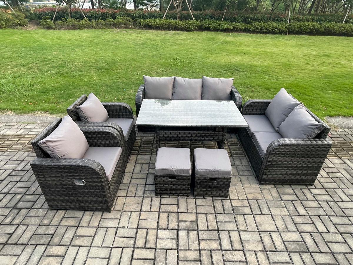 GARTENGARNITUR mit Liegestuhl,3-Sitzer Sofa,Zweisitzer,2 Hockern Polyrattan Dunkelgrau 9-Sitzer - Dunkelgrau/Grau, Glas/Kunststoff - Fimous