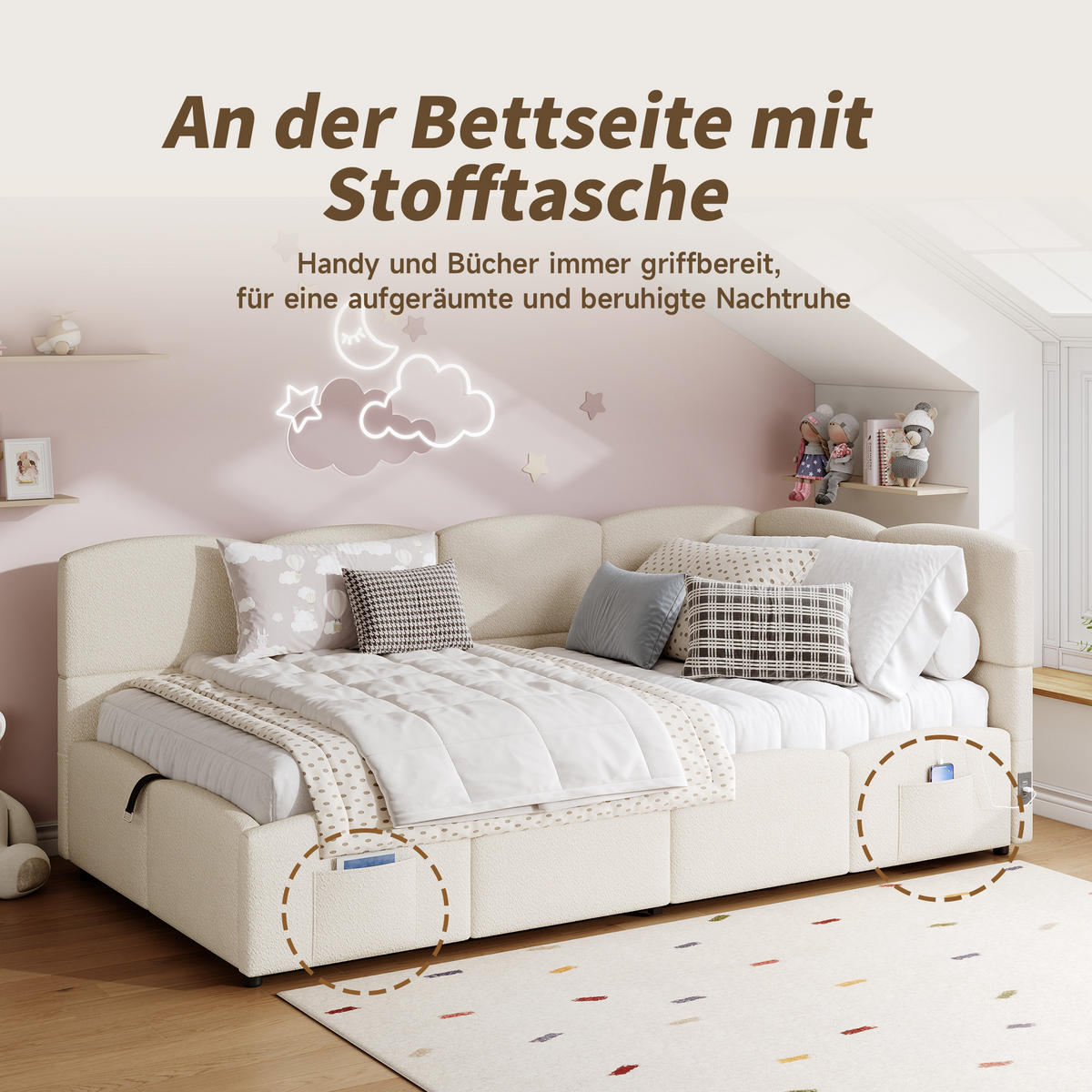 POLSTERBETT 90x200cm Beige Mit USB & Stautasche - Beige, Textil (90/200cm) - FLIEKS