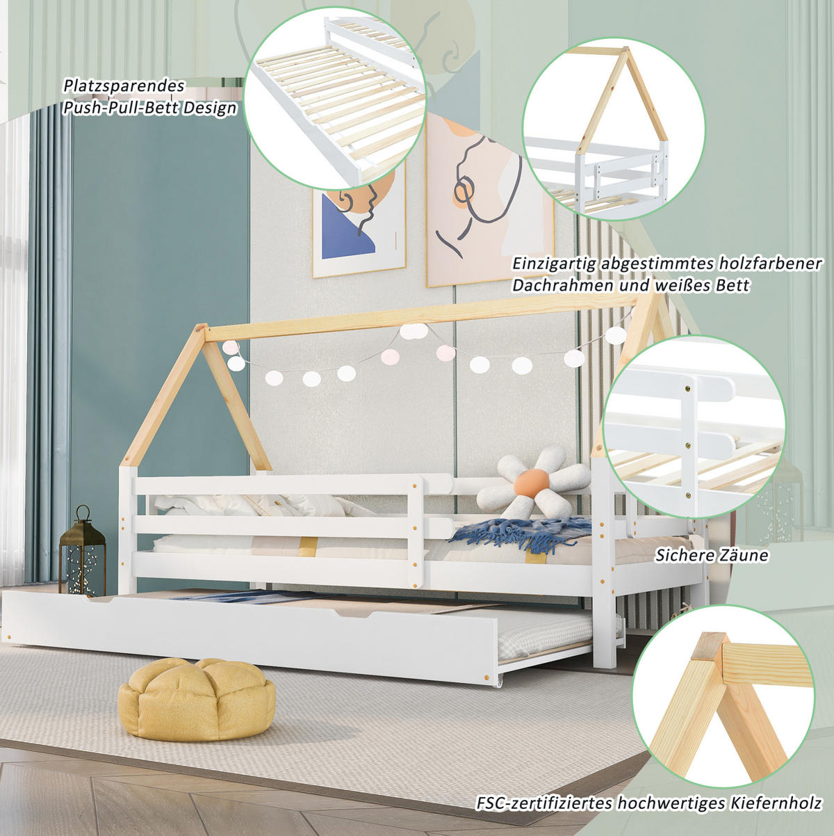 HAUSBETT 90/200 cm mit Ausziehbett, Rundum-Sicherheitsgeländer und Massivholzgestell, Weiß/Natur - Weiß, Holz (90/200cm) - Redom