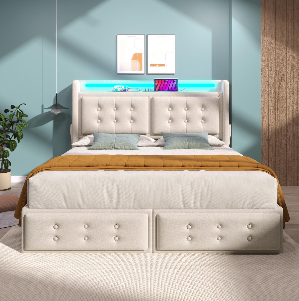 POLSTERBETT 140/200 cm Beige mit LED-Beleuchtung und 4 Schubladen - Beige, Textil (140/200cm) - Flora Grace