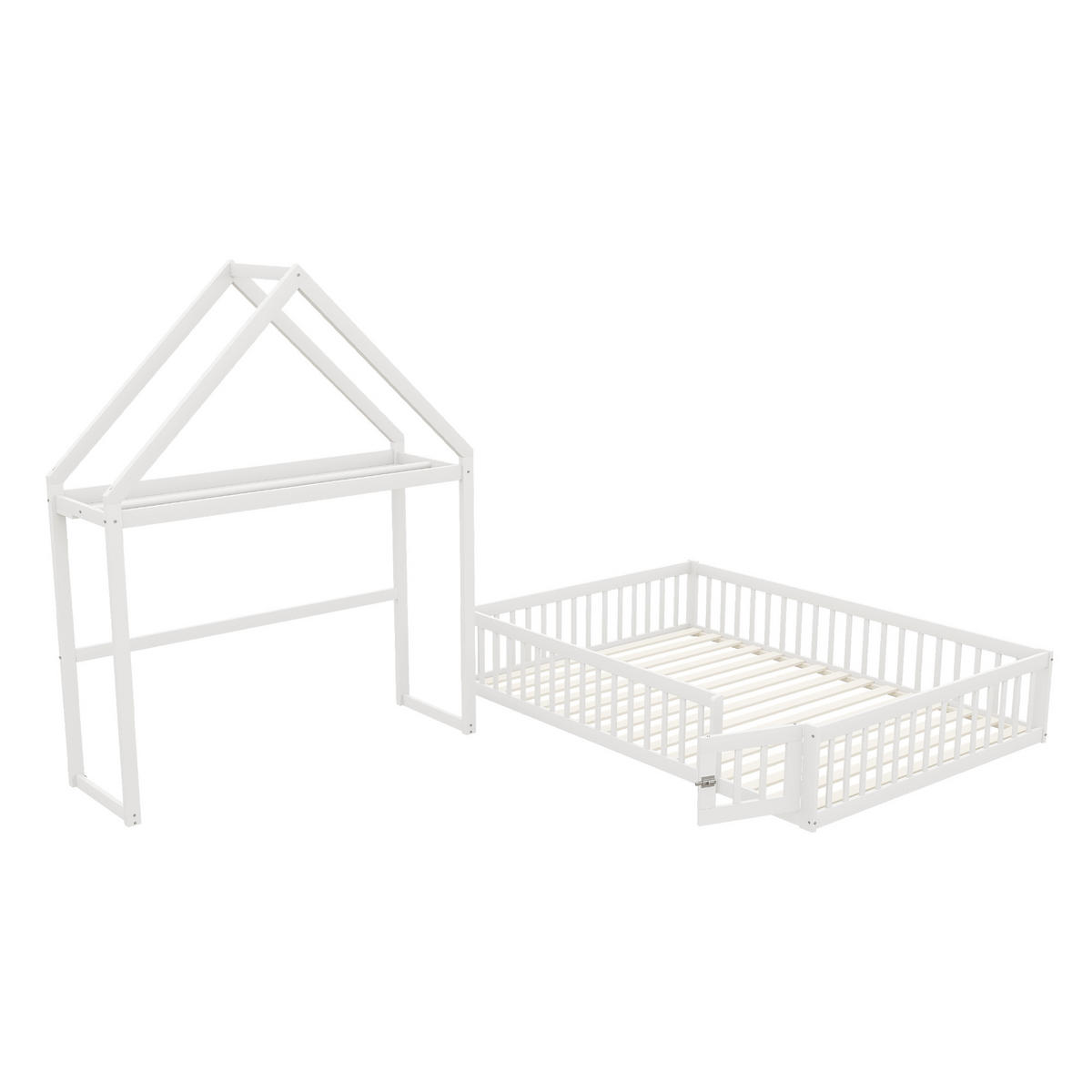 HAUSBETT 140/200 cm Weiß aus Massivholz mit Stauraum und Lattenrost - Weiß, Holz (140/200cm) - OKWISH