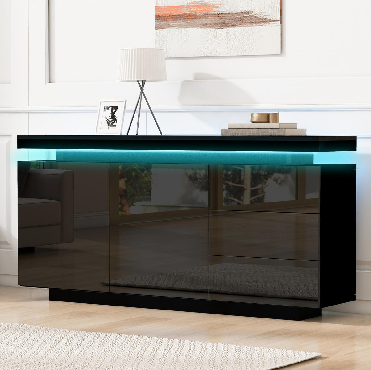 NISKA komoda s LED rasvjetom 140 cm, crna, visok sjaj - crna, drvni materijal (38/72/140cm) - Flora Grace