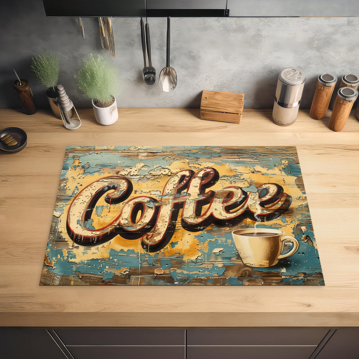 HERDABDECKPLATTE Kaffee - Vintage - Braun - Tasse 75x52 cm - Teakfarben, Kunststoff (75/0.2/52cm) - MuchoWow