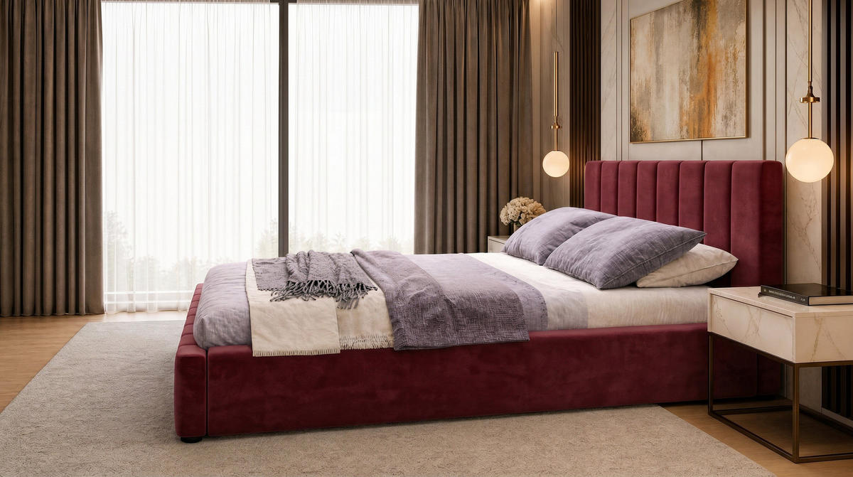 MARPUR Polsterbett NERO 180x200 cm mit Bettkasten und Lattenrost, Bordeaux - Chromfarben/Bordeaux, Holz/Holzwerkstoff (180/200cm) - Marpur