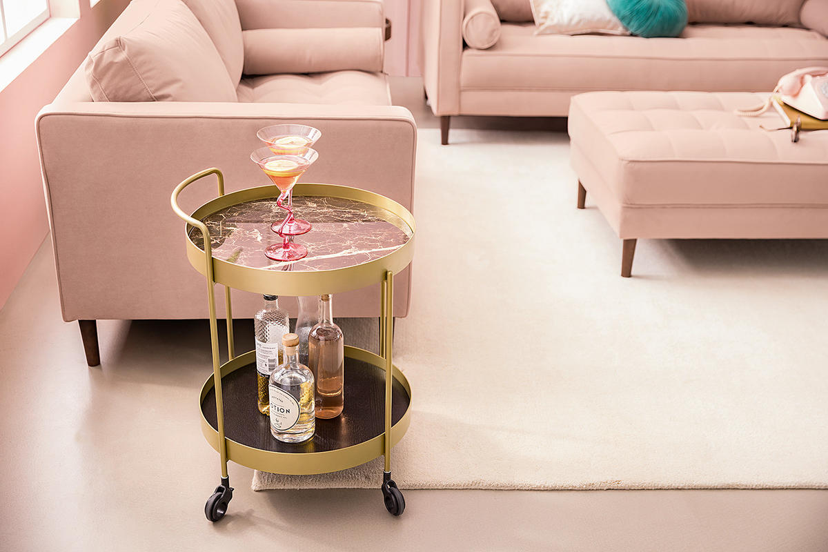 SERVIERWAGEN - Keramik / Stahl - Marmor Braun Dekor / Gold - Eichefarben/Goldfarben, Keramik/Holzwerkstoff (46/63/47cm) - home24