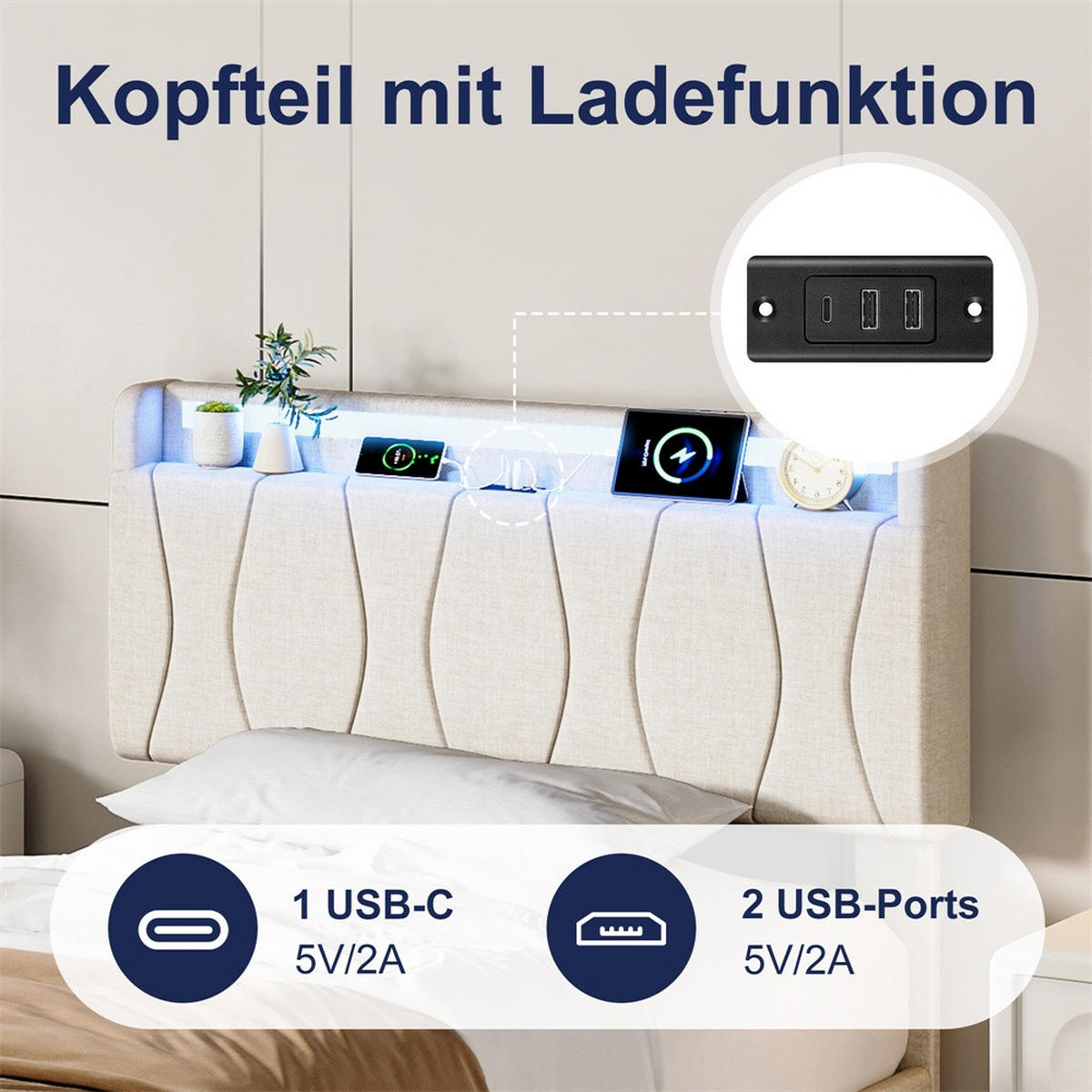 POLSTERBETT 90x200 cm mit LED-Beleuchtung - Kopfteil mit Ladefunktion - Gepolstertes Kopfteil - Beige - Beige, Textil (90/200cm) - DELFA