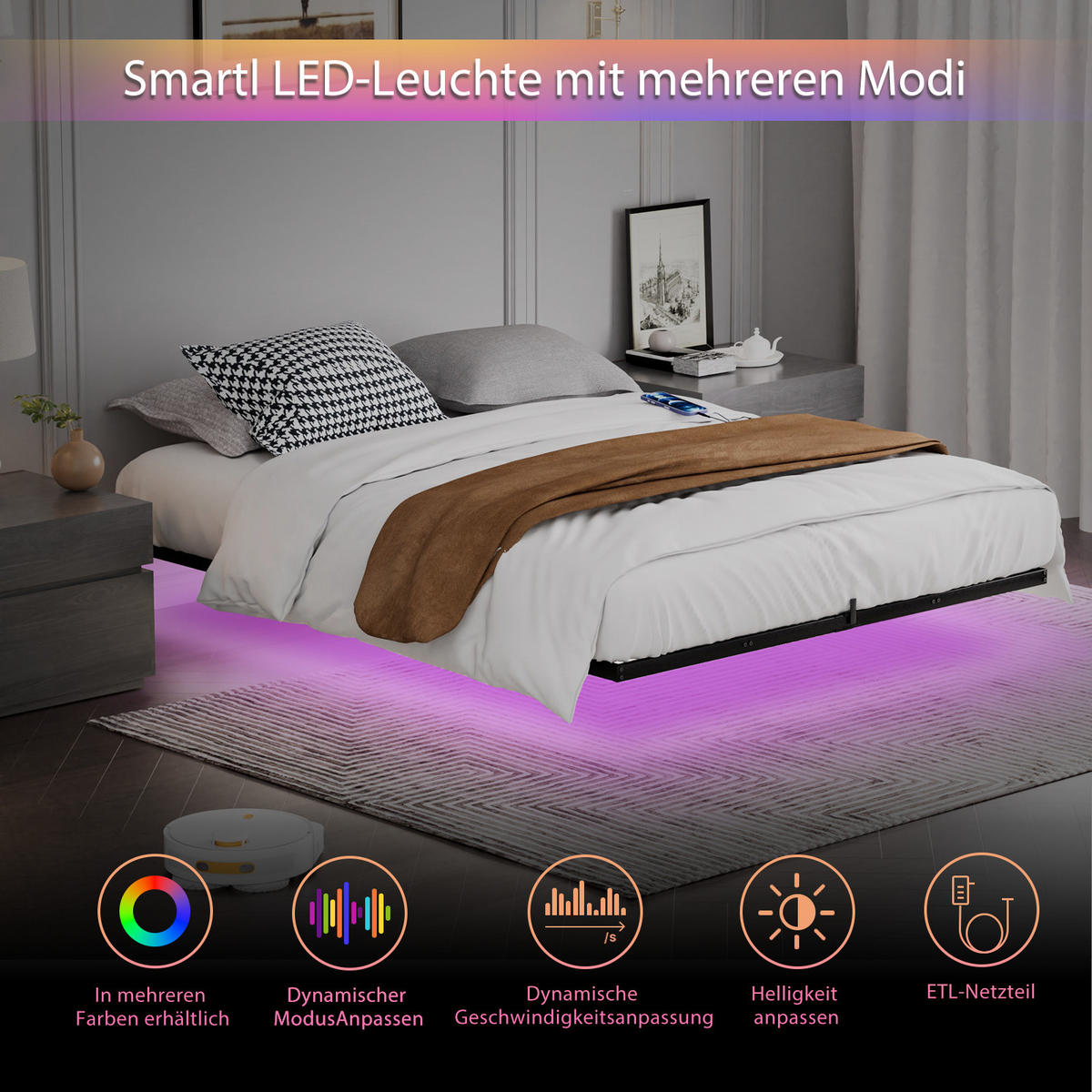 METALLBETT 160/200 cm Schwarz mit LED-Beleuchtung - Schwarz, Metall (160/200cm) - Oxeza