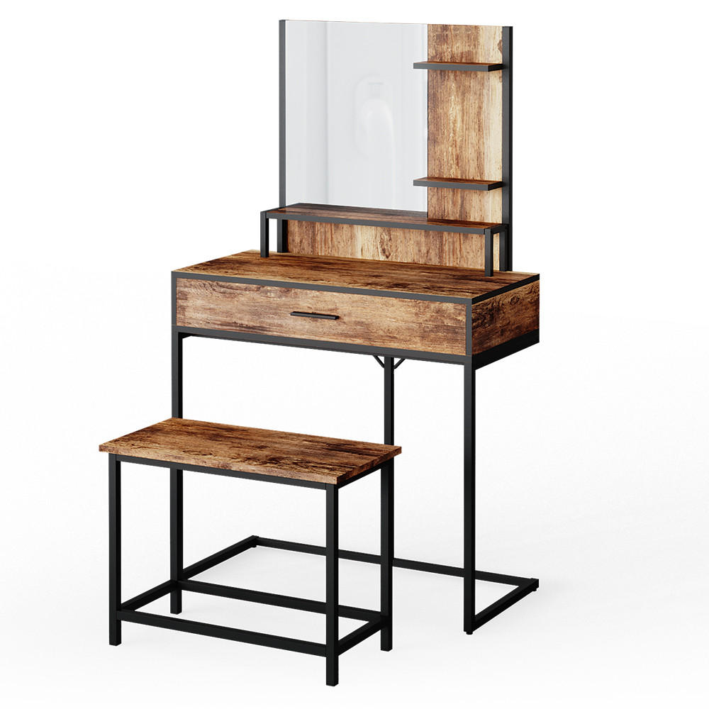 SCHMINKTISCH Fyrk Antikholz 80 cm mit Stuhl - Eichefarben/Schwarz, Holzwerkstoff (80/135.5/40cm) - Vicco