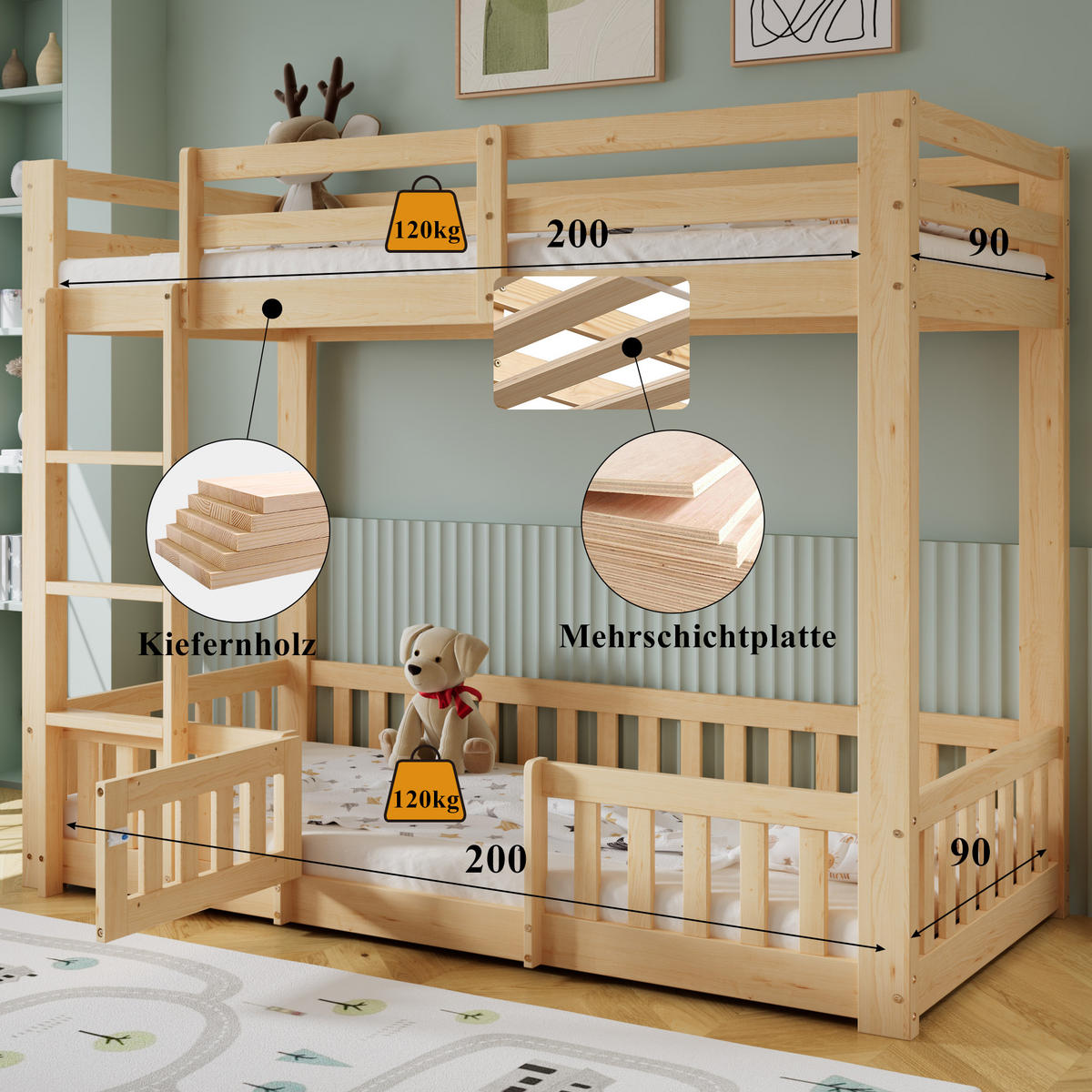 ETAGENBETT 90/200 cm natur aus Kiefer mit rechtwinkliger Treppe - Naturfarben, Holz (90/200cm) - OKWISH