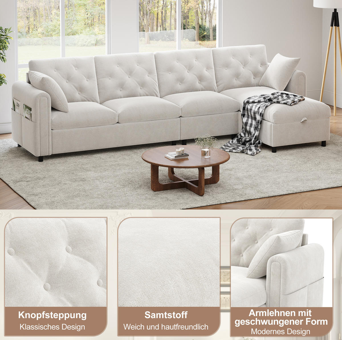 ECKSOFA 281/132/86 cm aus Samt mit Schlaffunktion und Stauraum Beige - Beige, Textil (132/281cm) - Modenvie