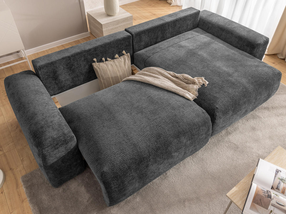 ECKSOFA Puffy mit Schlaffunktion und Bettkasten - besonders weich und puffig aus Dunkelgrau Stoff mit Chenillestruktur - Ottomane rechts - Dunkelgrau/Schwarz, Holz/Kunststoff (266/138cm) - S-Style Möbel