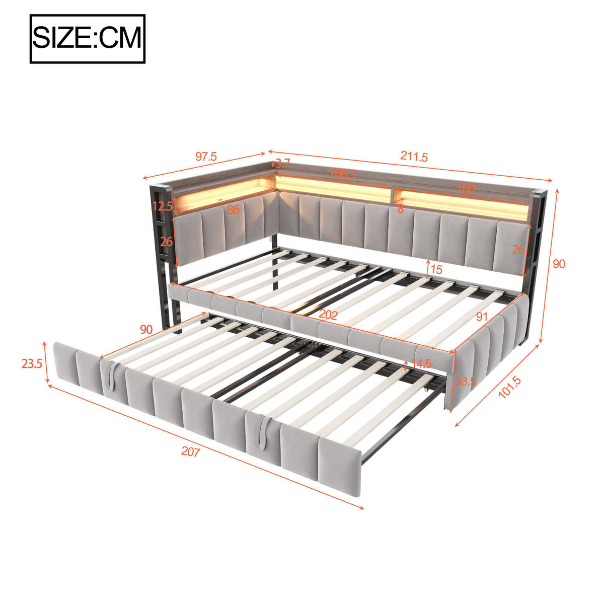 SCHLAFSOFA 90/200 cm & 90/190 cm in Hellgrau Samt mit LED, USB und Ablage - Hellgrau, Holzwerkstoff/Textil (90/200cm) - WISHDOR