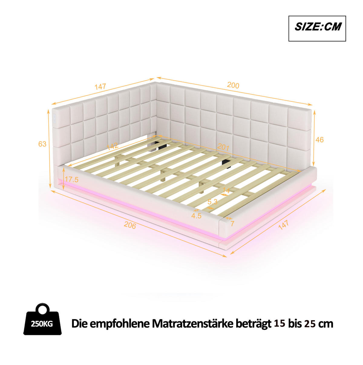 POLSTERBETT 140/200 cm aus Leinen mit LED-Lichtleiste und USB-Anschluss Beige - Beige, Leder (140/200cm) - Modenvie