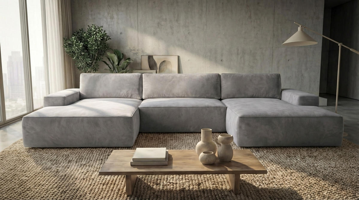 ECKSOFA EINAR 362 cm x 170 cm – Stoff: VELUTTO Silber 15 Farbe: Grau - Grau, Textil (362/170cm) - A&J MöbelLand