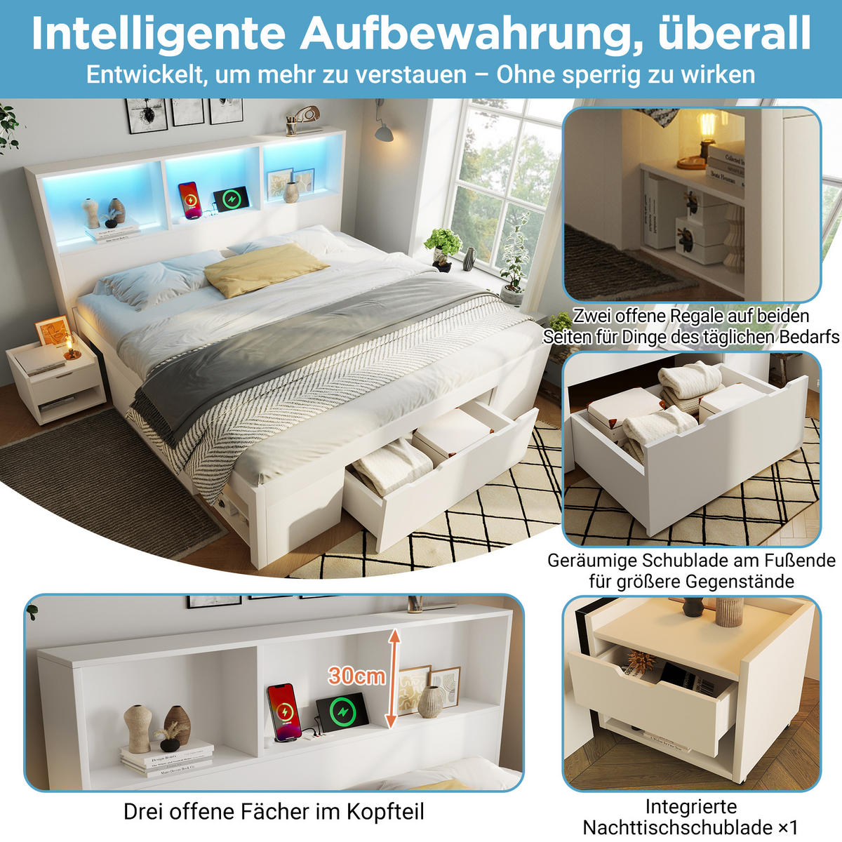 FUNKTIONSBETT 90/200 cm mit LED-Beleuchtung, USB-C, Stauraum und beweglichem Nachttisch aus Holz, Weiß - Weiß, Holzwerkstoff (90/200cm) - Redom