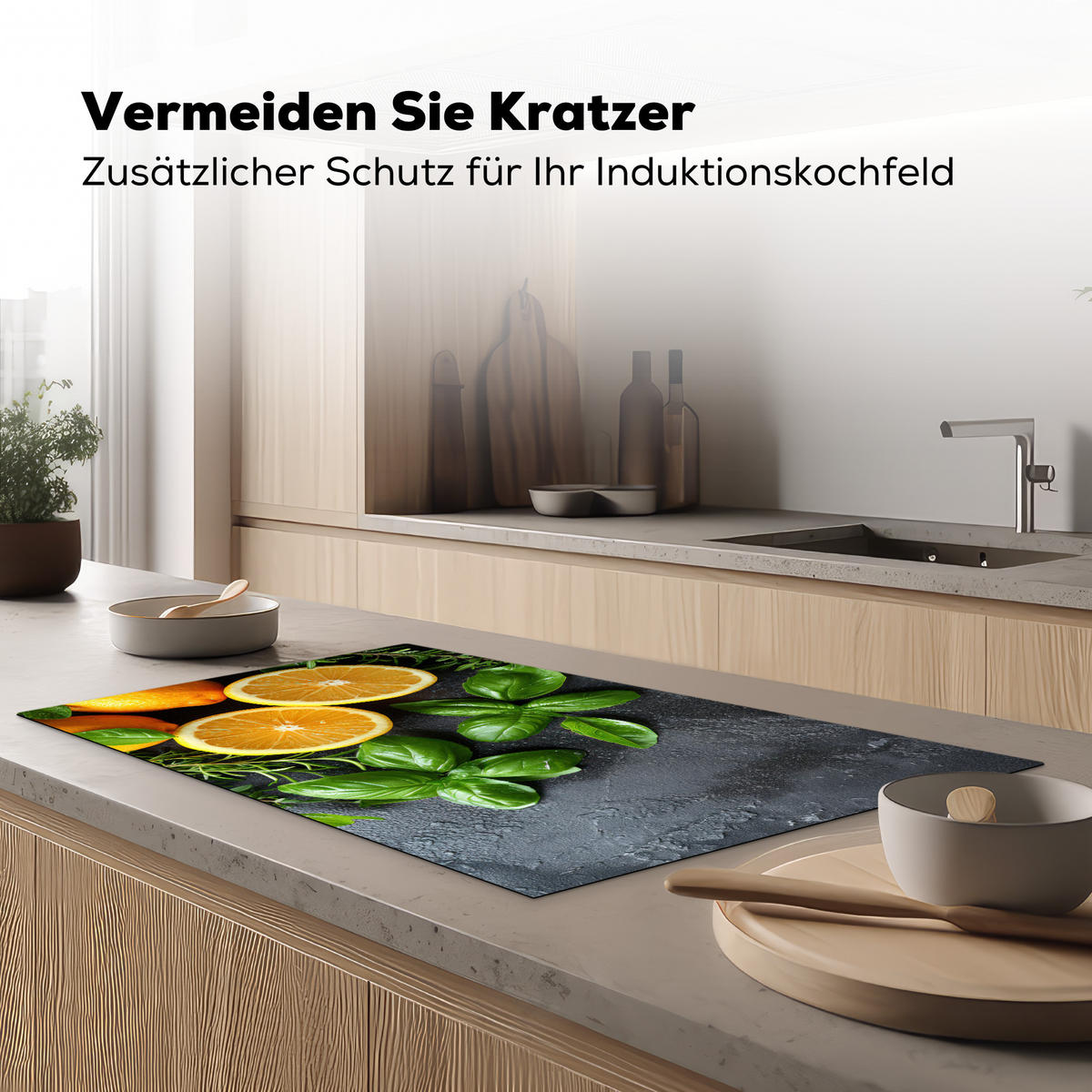HERDABDECKPLATTE Obst - Grau - Konkret - Orange - Pflanzen Induktionsschutz 91.2x52 cm - Anthrazit, Kunststoff (91.2/52/0.2cm) - MuchoWow