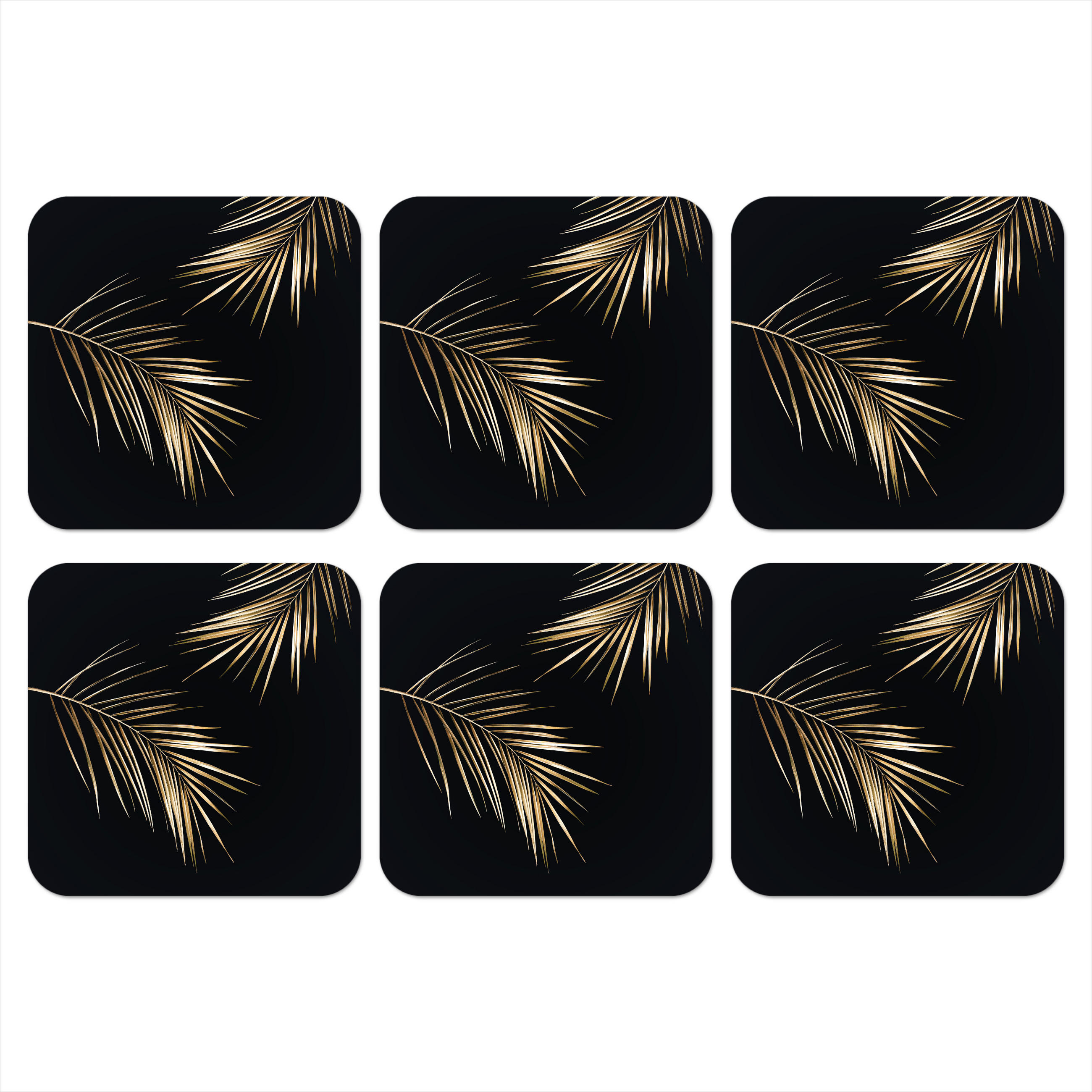 GLASUNTERSETZER 6er-Set Blätter - Pflanzen - Gold - Schwarz - Luxus 10x10 cm - Schwarz, Naturmaterialien (10/0.2cm) - MuchoWow
