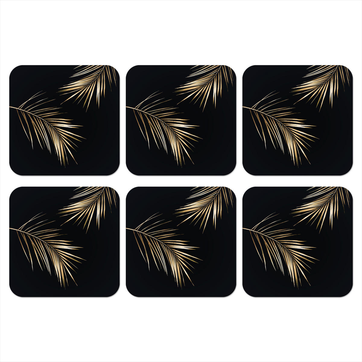GLASUNTERSETZER 6er-Set Blätter - Pflanzen - Gold - Schwarz - Luxus 10x10 cm - Schwarz, Naturmaterialien (10/0.2cm) - MuchoWow