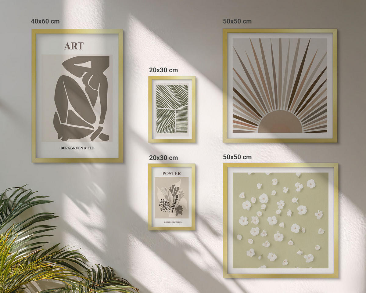 WANDBILDER 5er Set - 50x50 cm & 20x30 cm & 40x60 cm Goldrahmen - Pflanzenmotive in gedeckten Farben - Goldfarben, Kunststoff (40/60cm) - ArtPrintCave