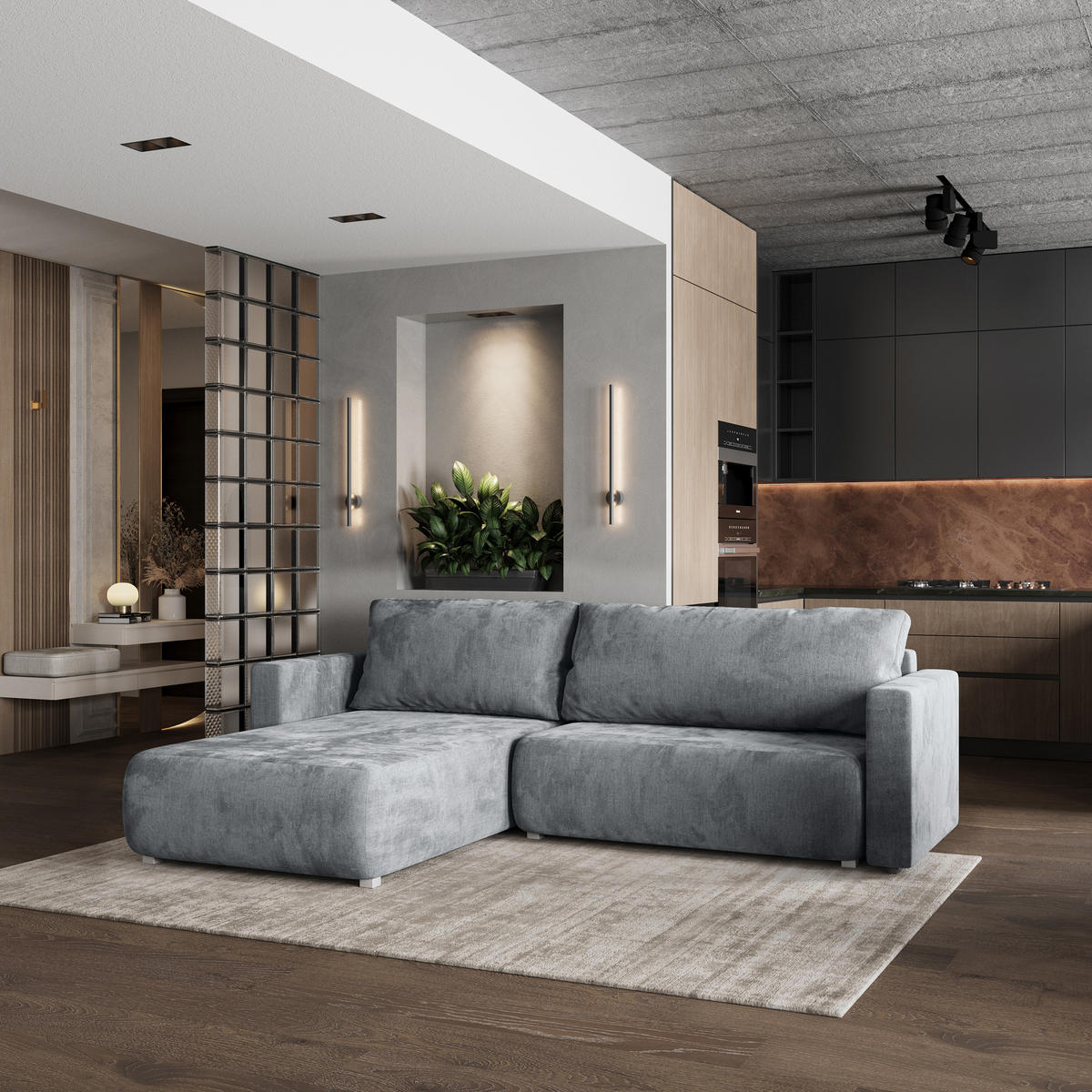 ROHOVÁ SEDAČKA TURIN světle šedá - šedá/světle šedá, dřevo/textil (265/183cm) - MASSENO