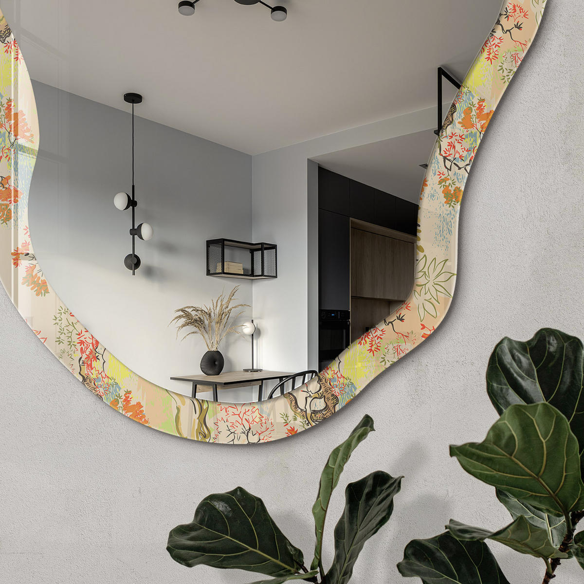 SPIEGEL 90x45 cm asymmetrisch mit Druck - Botanische Zusammensetzung - Transparent, Glas (45/90/0.4cm) - TULUP