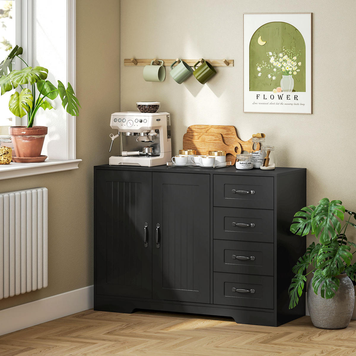 SIDEBOARD, Beistellschrank mit 4 Schubladen, verstellbarer Einlegeboden, Schwarz - Schwarz, Holzwerkstoff/Metall (40/76/105cm) - HOMCOM