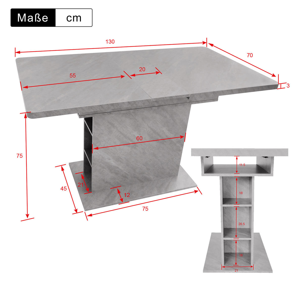 JEDILNA miza raztegljiva, s shranjevalnim prostorom, sodoben dizajn, Beton videz, Siva - siva, leseni material (130/70/75cm) - Redom