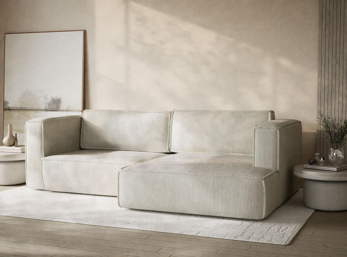 ECKSOFA MIT SCHLAFFUNKTION Velto Creme Samtstoff - Creme/Schwarz, Holz/Holzwerkstoff (250/152cm) - Maison de Reve