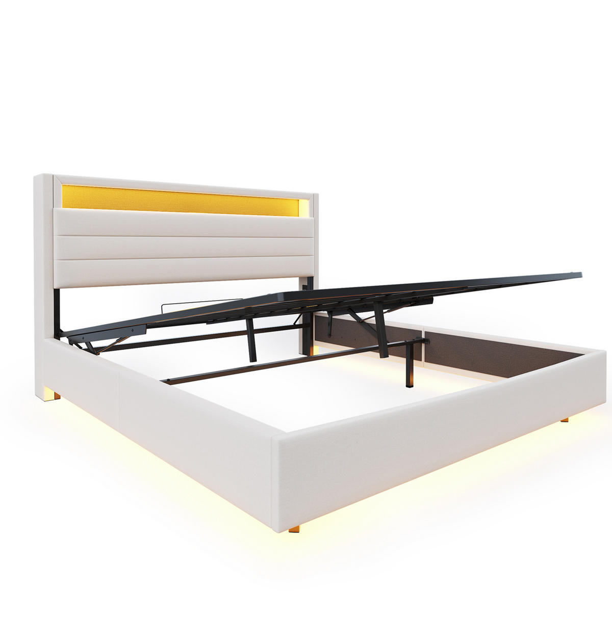POLSTERBETT 140/200 cm mit LED-Beleuchtung, USB-Anschluss, drehbarem Kopfteil und Bettkasten, Beige - Beige, Textil (140/200cm) - Redom