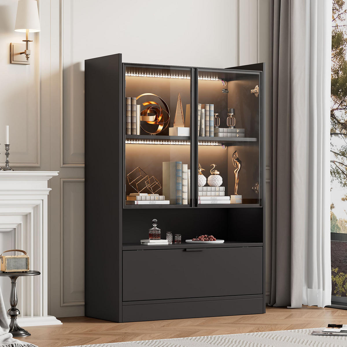 VITRINE 35/80/120 cm schwarz matt aus Spanplatte mit Glas und LED - Schwarz, Holzwerkstoff (80/120/35cm) - OKWISH